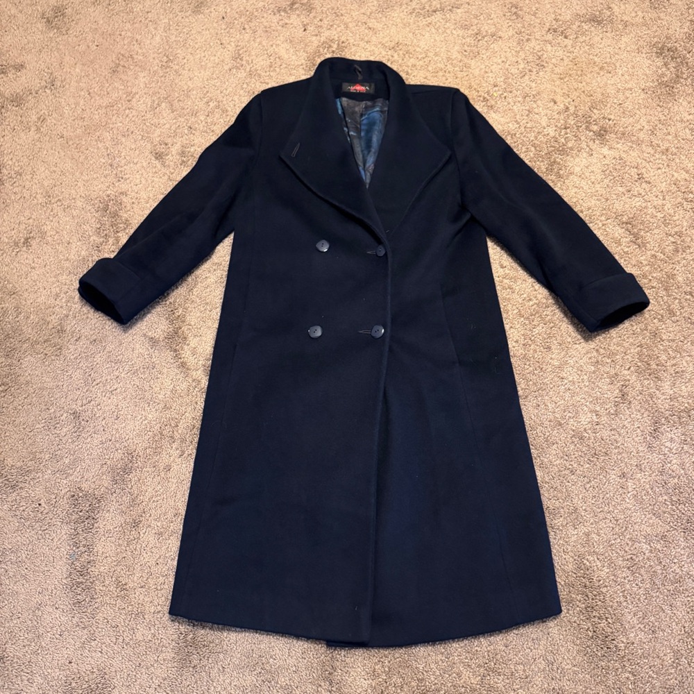 Vintage Alorna Wool Coat Womens Medium/Large Blue Long Trench Peacoat USA